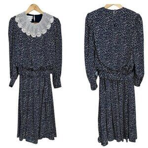 VTG In the Mood London Paris New York Polka Dots Navy Lace Collar Dress Sz 10